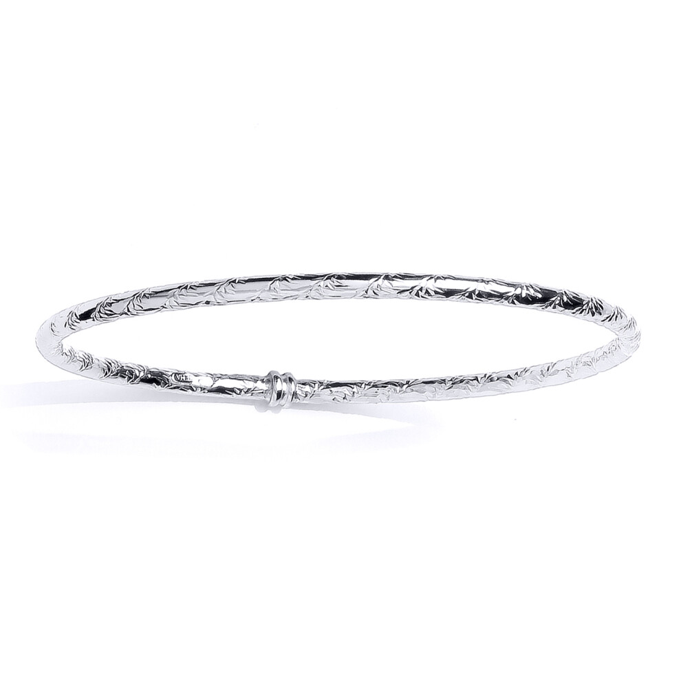 Jewelco London Ladies Platinum Plated Sterling Silver Diamond-cut Floral Tube Slave Bangle Bracelet 3mm - GVG219