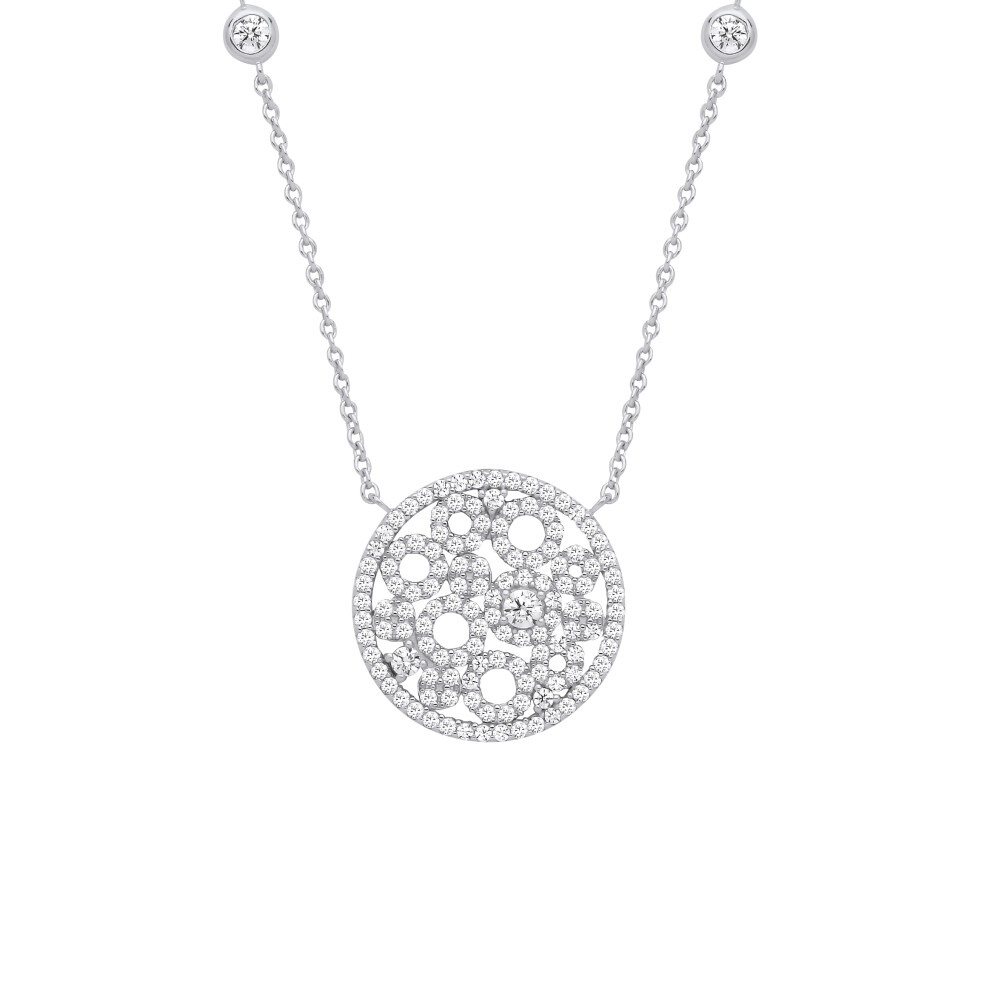 Jewelco London Ladies Rhodium Plated Sterling Silver CZ Ink Blot Petri Dish Circle Station Necklace 16 + 2 inch - GVK473