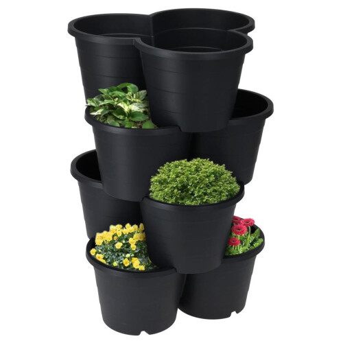 GEEZY GEEZY 4 Black Plastic Trio Planter Vertical Stackable Flower Pot Veggies Fruits Herbs