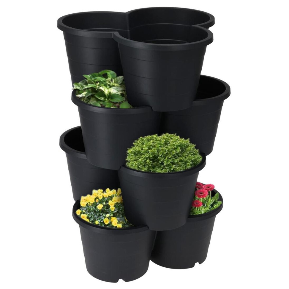 Geezy 4 Plastic Trio Planter Vertical Stackable Flower Pot Veggies Fruits Herbs Black