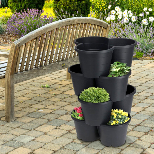 GEEZY GEEZY 4 Black Plastic Trio Planter Vertical Stackable Flower Pot Veggies Fruits Herbs 1