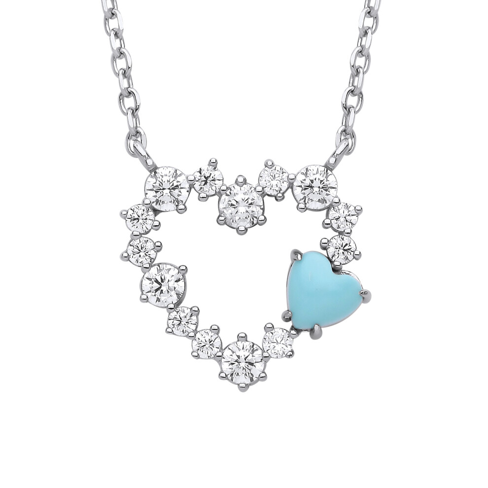 Jewelco London Ladies Silver Blue Heart Turquoise CZ Lil n Large Embedded Love Heart Lavalier Necklace 14 + 2 inch - GVK463
