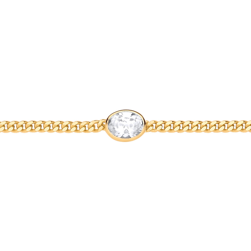 Jewelco London Ladies Gold-Plated Sterling Silver Oval CZ Bezel Solitaire Curb Chain Bracelet 3mm 7.5 + 1 inch - GVB598G