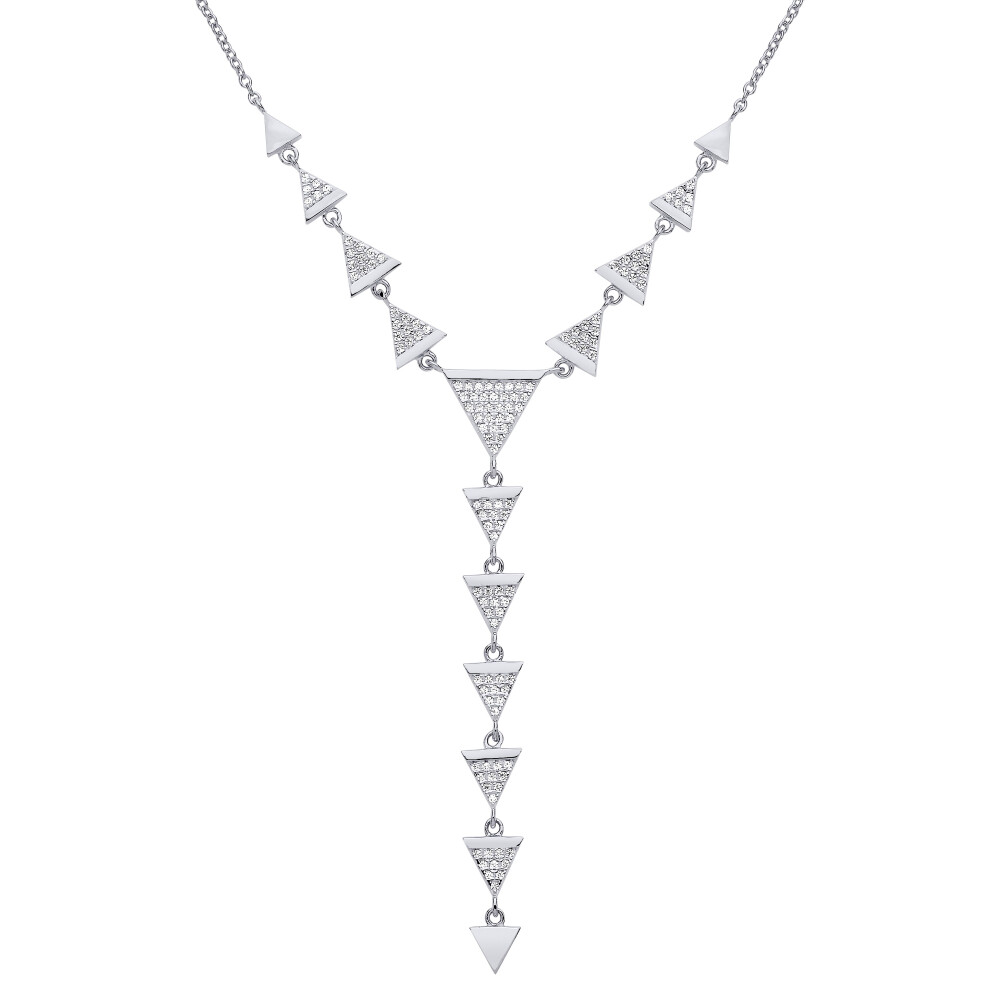 Jewelco London Ladies Rhodium Plated Sterling Silver CZ Triangle Pizza Slice Lariat Necklace 16 + 2 inch - GVK318RH
