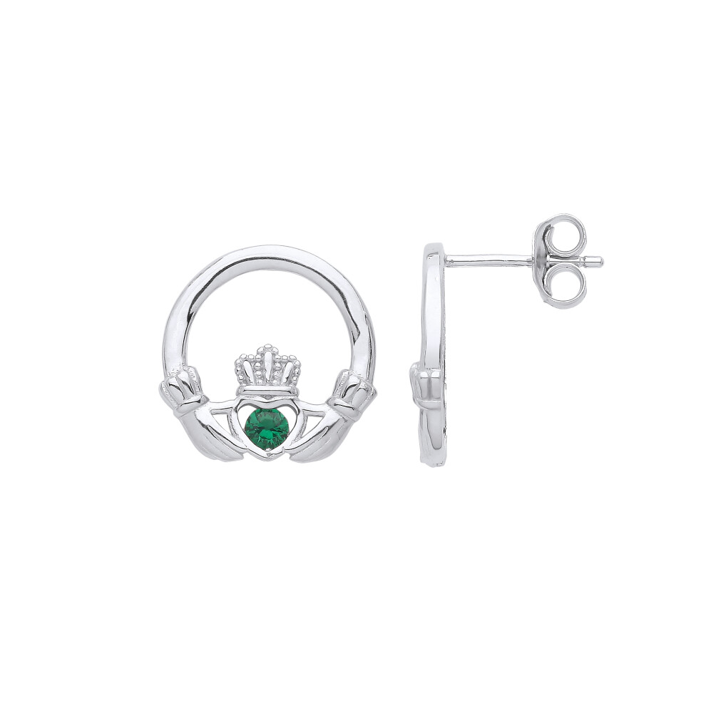 Jewelco London Ladies Rhodium Plated Sterling Silver Green CZ Claddagh fáinne Chladaigh Solitaire Stud Earrings - GVE966SML