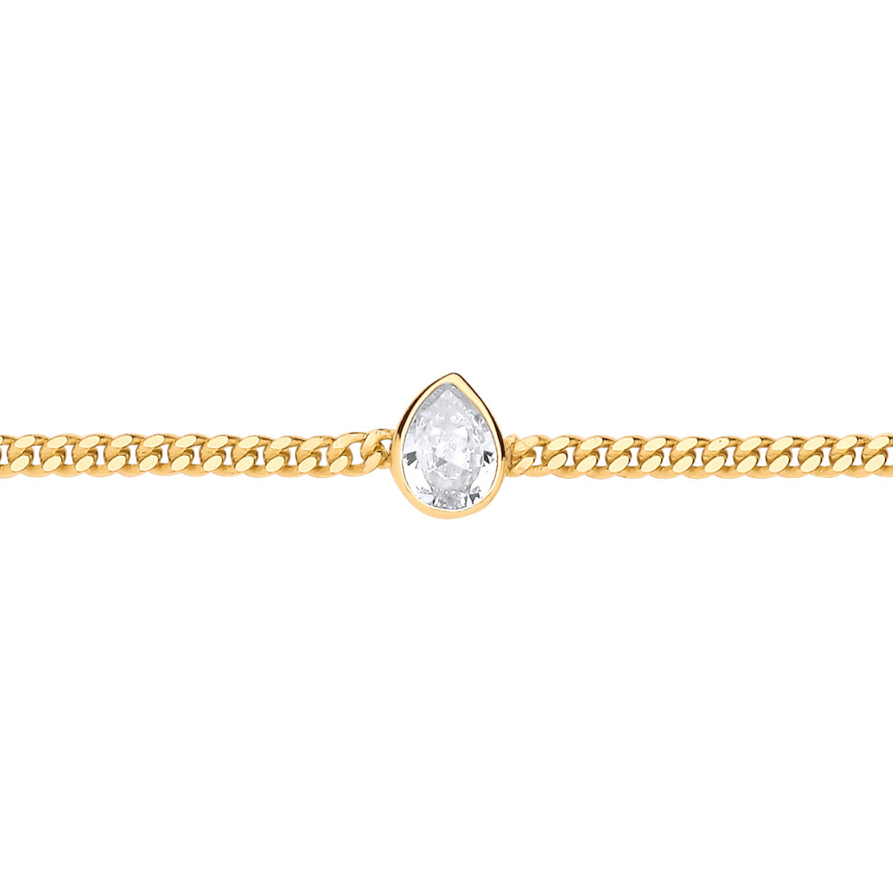 Jewelco London Ladies Gold-Plated Sterling Silver Pear CZ Bezel Solitaire Curb Chain Bracelet 3mm 7.5 + 1 inch - GVB599G