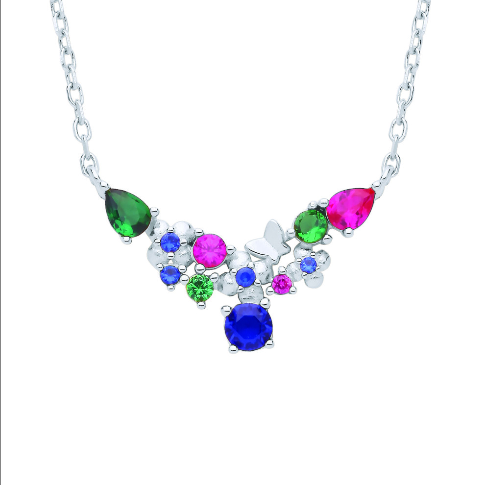 Silver CZ Multi-Colour Wishbone Necklace - GVK462