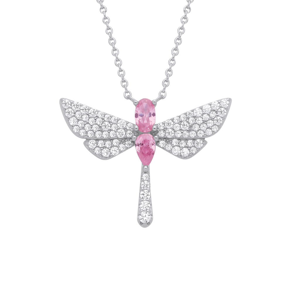 Jewelco London Ladies Rhodium Plated Sterling Silver Pink Pear Oval CZ Soaring Dragonfly Lavalier Necklace 16 + 2 inch - GVK477