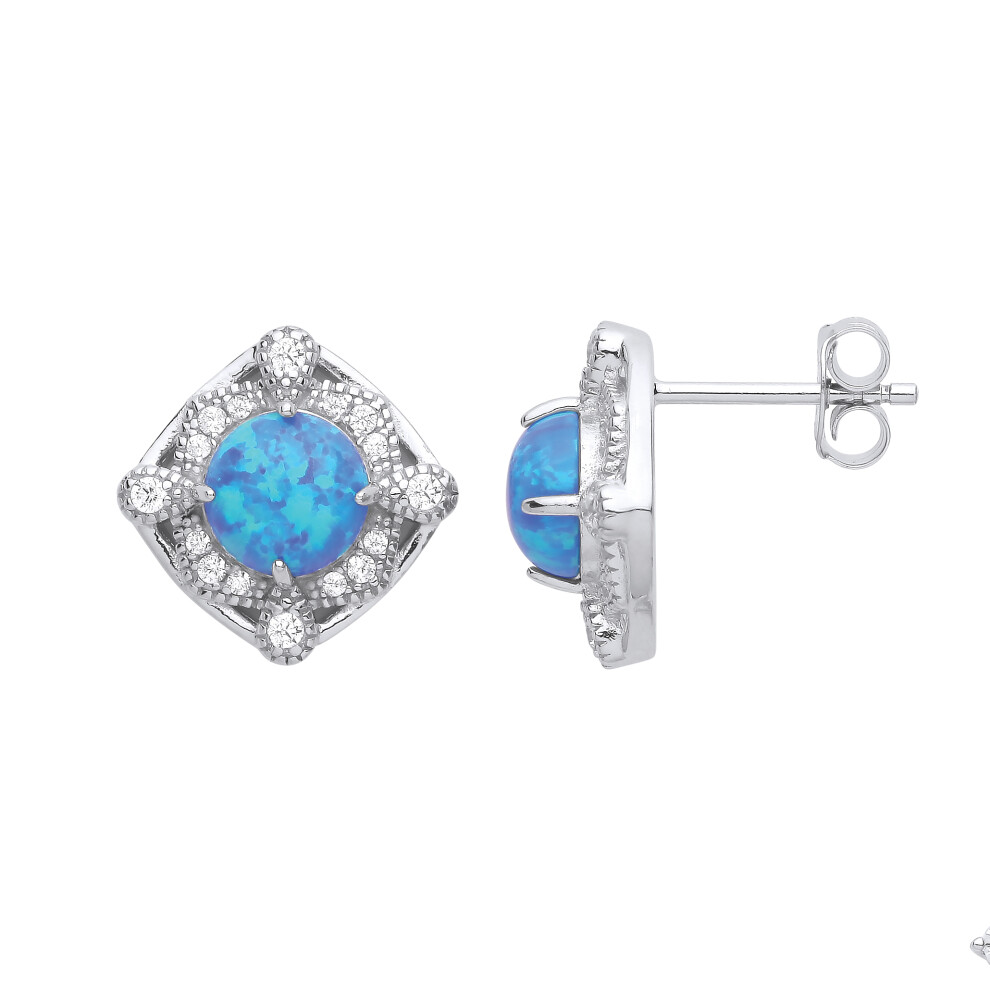 Jewelco London Ladies Rhodium Plated Sterling Silver Blue Opal CZ Luxury Mosaic Pool Pear Cushion Stud Earrings - GVE968