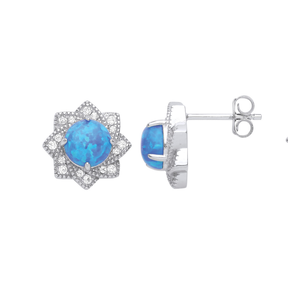Jewelco London Ladies Rhodium Plated Sterling Silver Blue Opal CZ Luxury Mosaic Starry Pool Stud Earrings - GVE969
