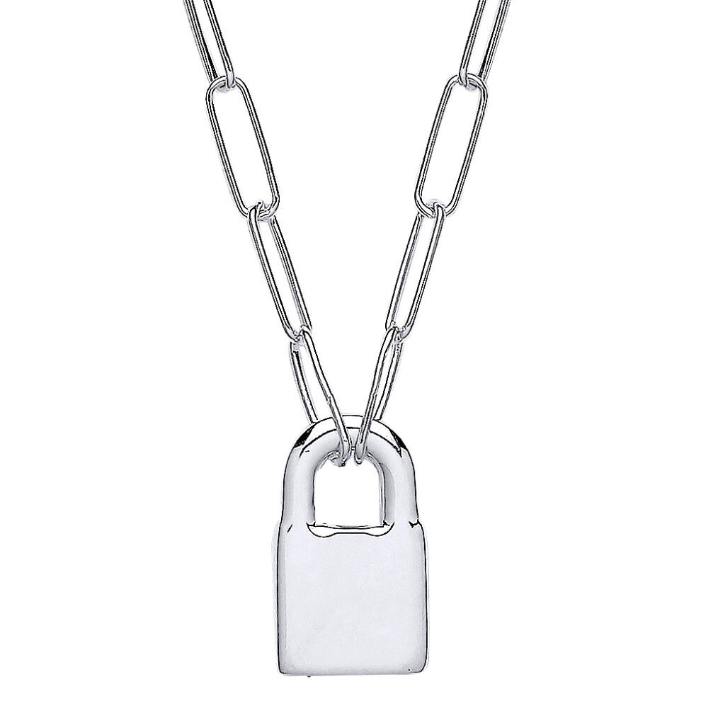 Jewelco London Ladies Rhodium Plated Sterling Silver Paperclip Chain Padlock Pendant Necklace 3mm 16 + 2 inch - GVK423