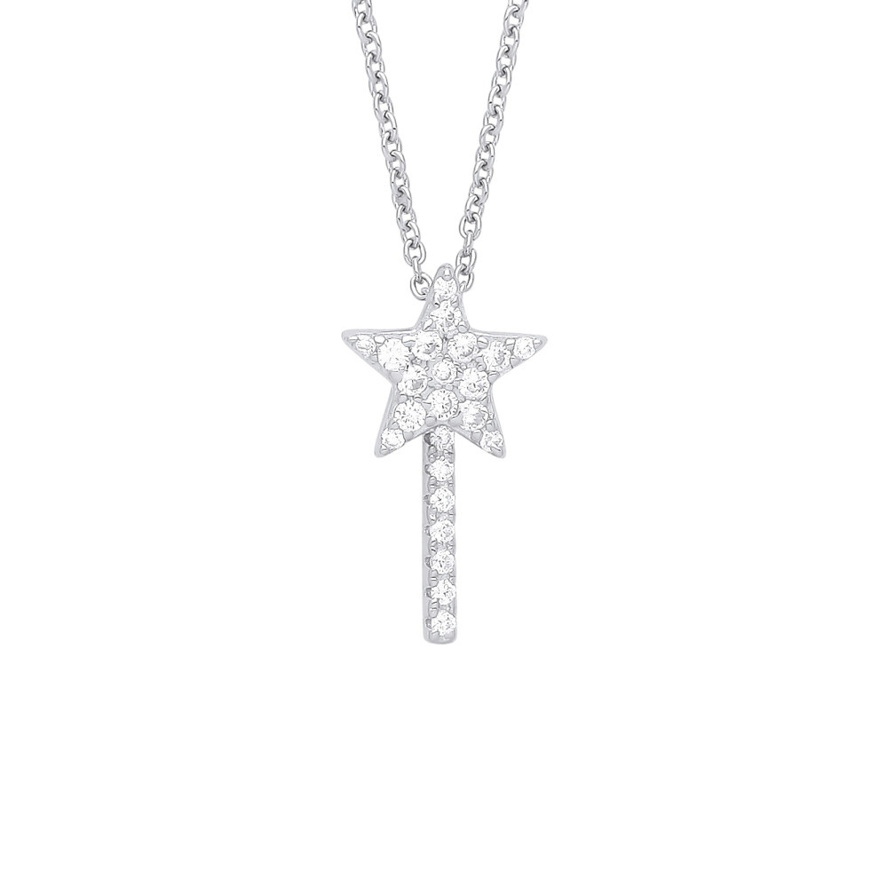 Jewelco London Ladies Rhodium Plated Sterling Silver CZ Petite Pave Shooting Star Fairy Wand Lavalier Necklace 16 inch - GVK345