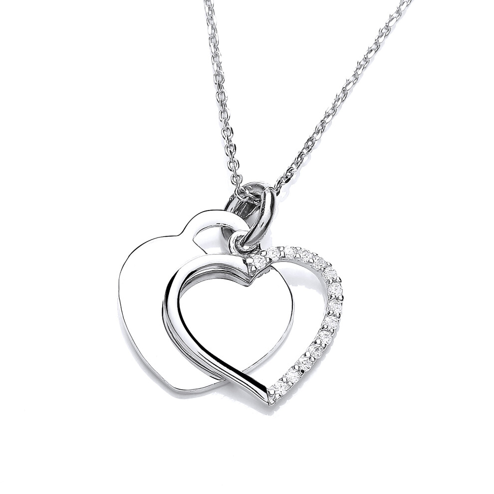 Jewelco London Ladies Rhodium Plated Sterling Silver Double Love Heart Tag Pendant Necklace 16" + 2" - GVK447