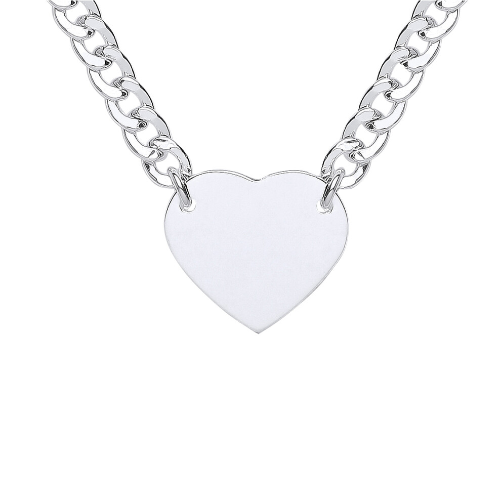 Jewelco London Ladies Rhodium Plated Sterling Silver Curb Link Love Heart Tag Pendant Necklace 5mm 16 + 2 inch - GVK424