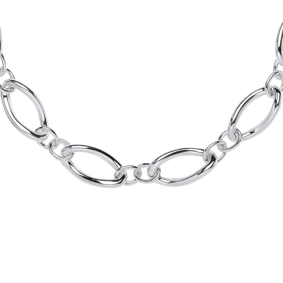 Jewelco London Ladies Rhodium Plated Sterling Silver 2+1 Oval Rolo Figaro Chain Necklace 12mm 17 + 2 inch - GVK426