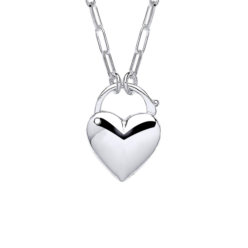 Jewelco London Ladies Rhodium Plated Sterling Silver Paperclip Link Love Heart Padlock Pendant Necklace 2mm 16 + 2 inch - GVK425
