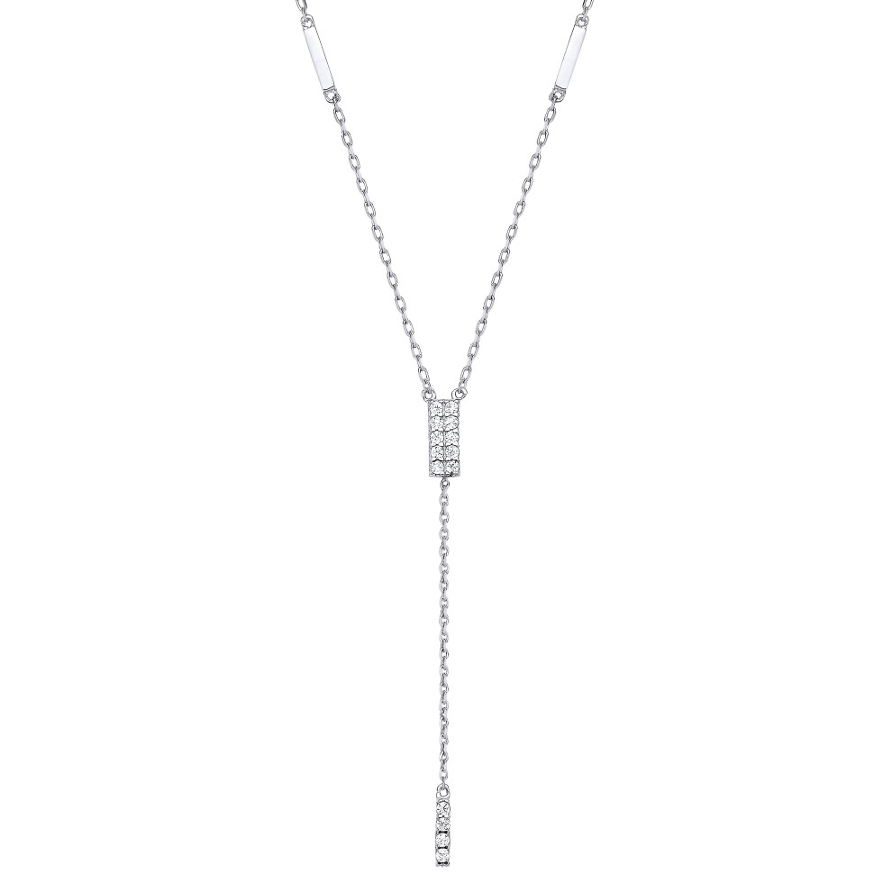 Jewelco London Ladies Rhodium Plated Sterling Silver CZ Chocolate Bar Lariat Necklace 15 + 2 inch - GVK388
