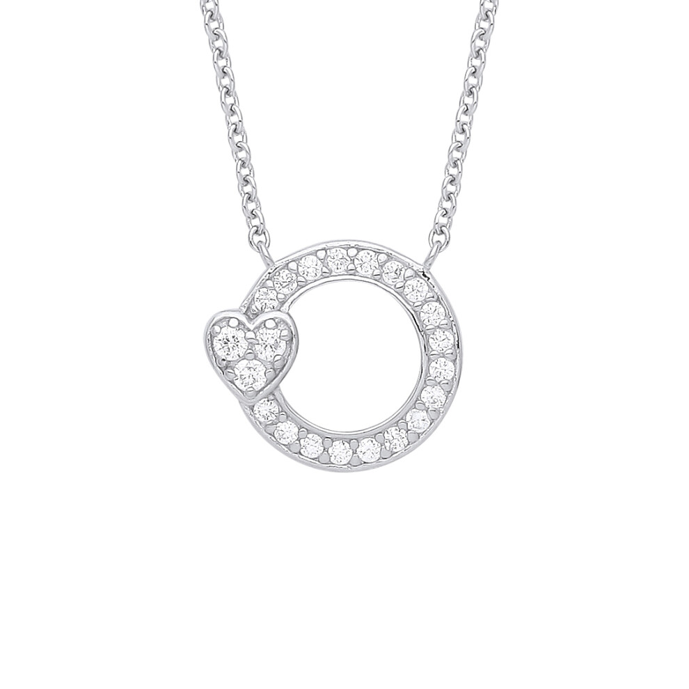 Jewelco London Ladies Rhodium Plated Sterling Silver CZ Love Heart Halo Circle Lavalier Necklace 16 inch - GVK346