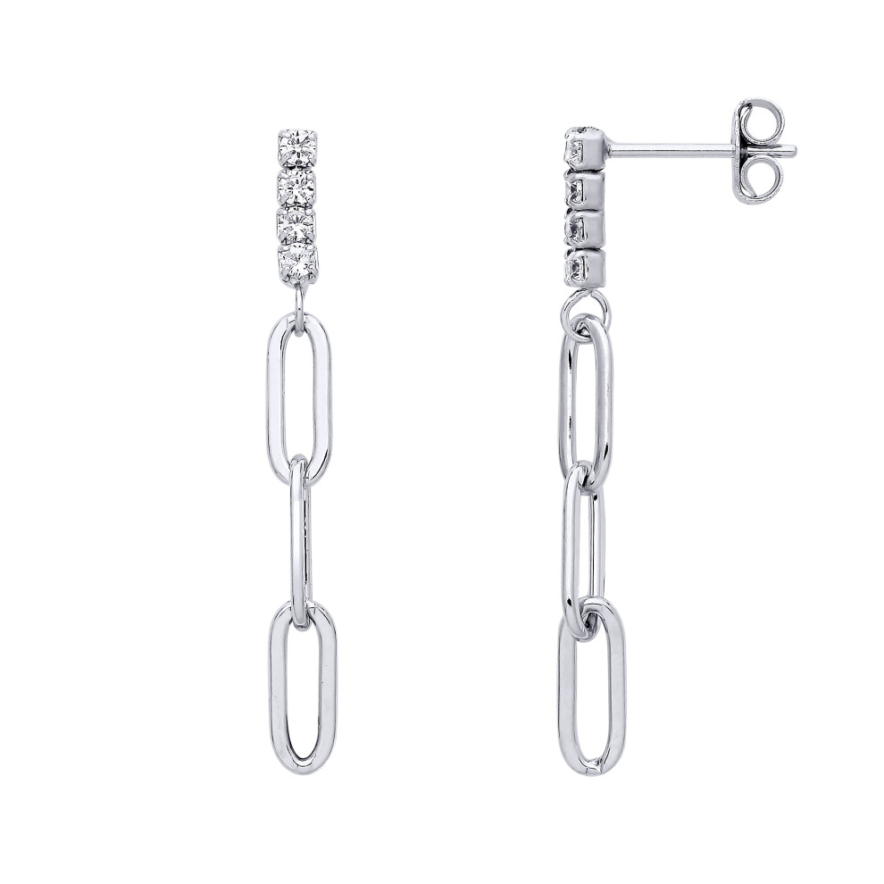 Jewelco London Ladies Rhodium Plated Sterling Silver CZ Quadrilogy Paperclip Shoulder Duster Drop Earrings - GVE997