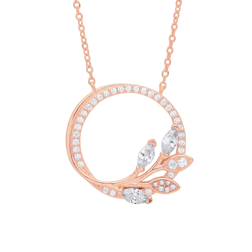 Jewelco London Ladies Sterling Silver Marquise CZ Olive Leaf Branch Circle of Life Lavalier Necklace 16 + 2 inch - GVK357R