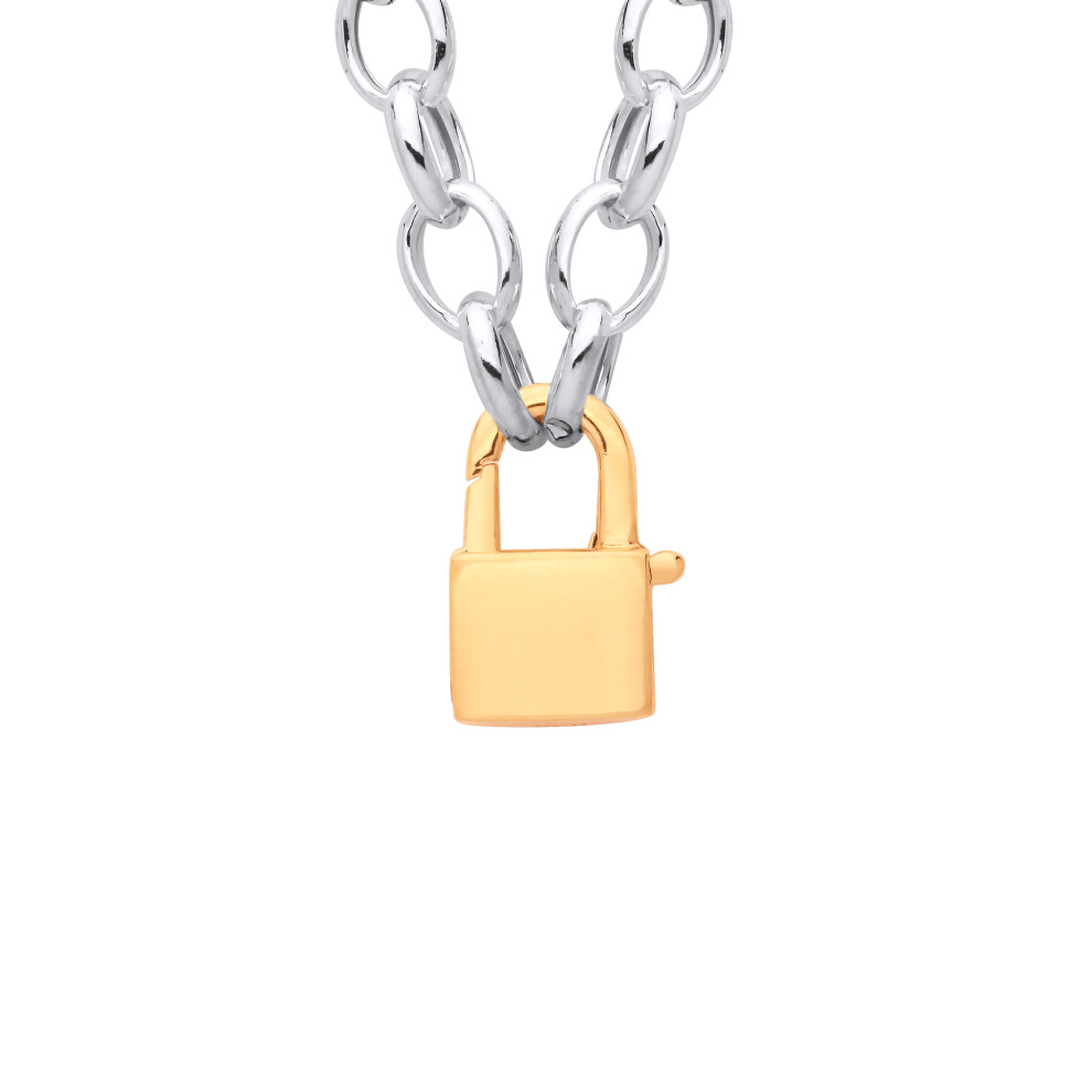 Jewelco London Ladies Rhodium & Yellow Gold-Plated Sterling Silver Oval Belcher Rolo Padlock Charm Necklace 18 inch - GVK469