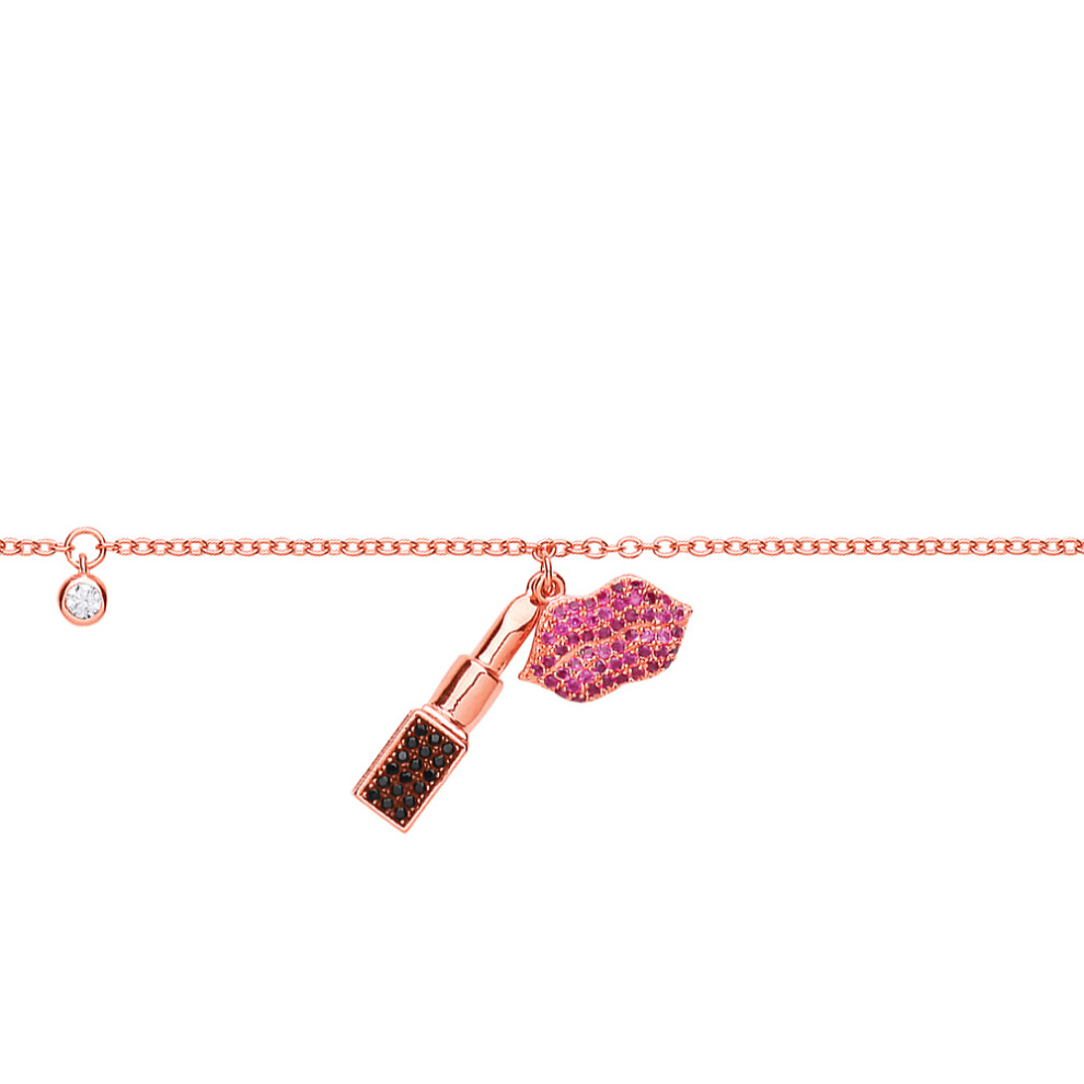 Jewelco London Ladies Rose Gold-Plated Sterling Silver Pink & Black Cubic Zirconia Lipstick Lips Kiss Charm Bracelet 6.5 inch - GVB432