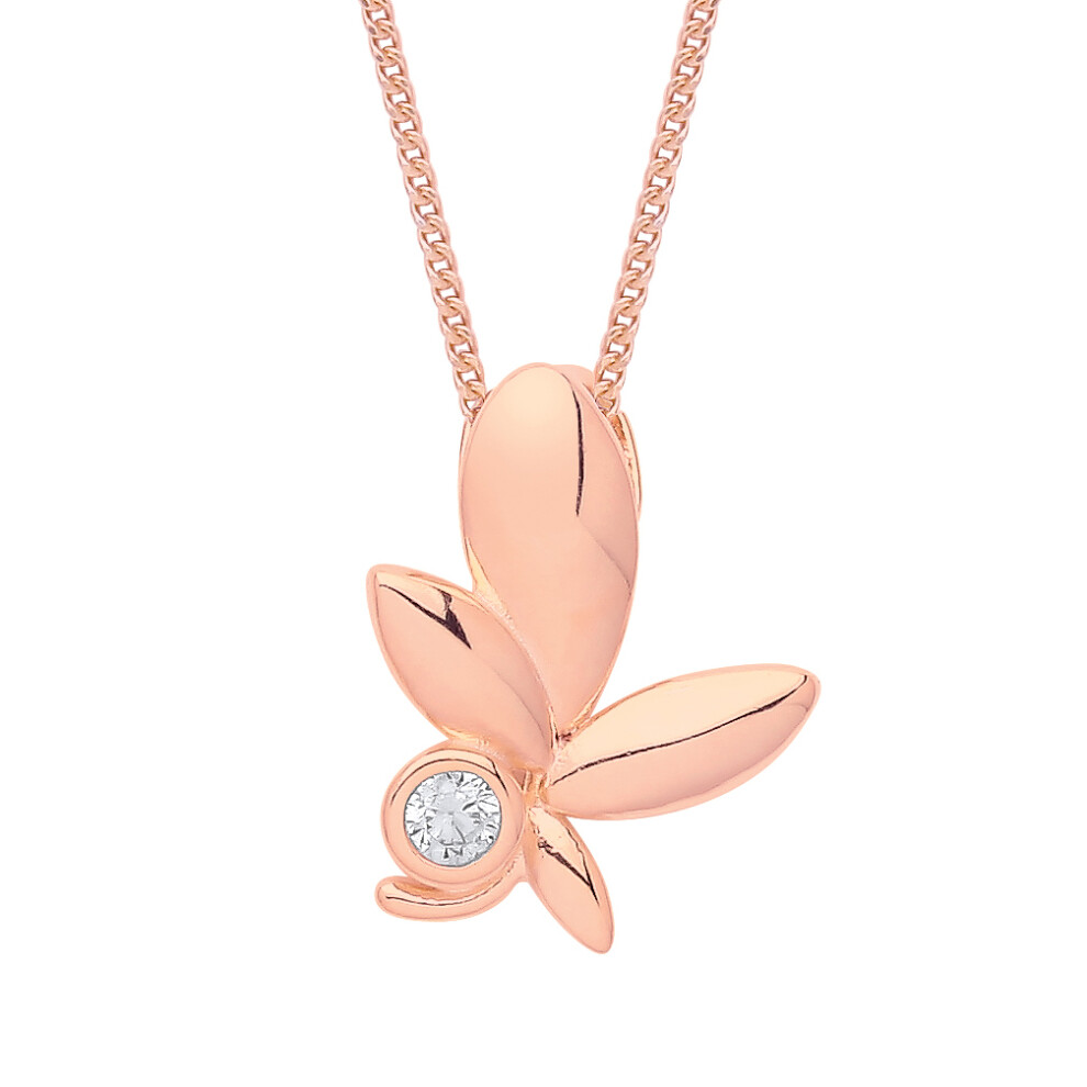 Jewelco London Ladies Rose Gold-Plated Sterling Silver CZ Olive Leaf Solitaire Lavalier Necklace 18 + 1 inch - GVK361R