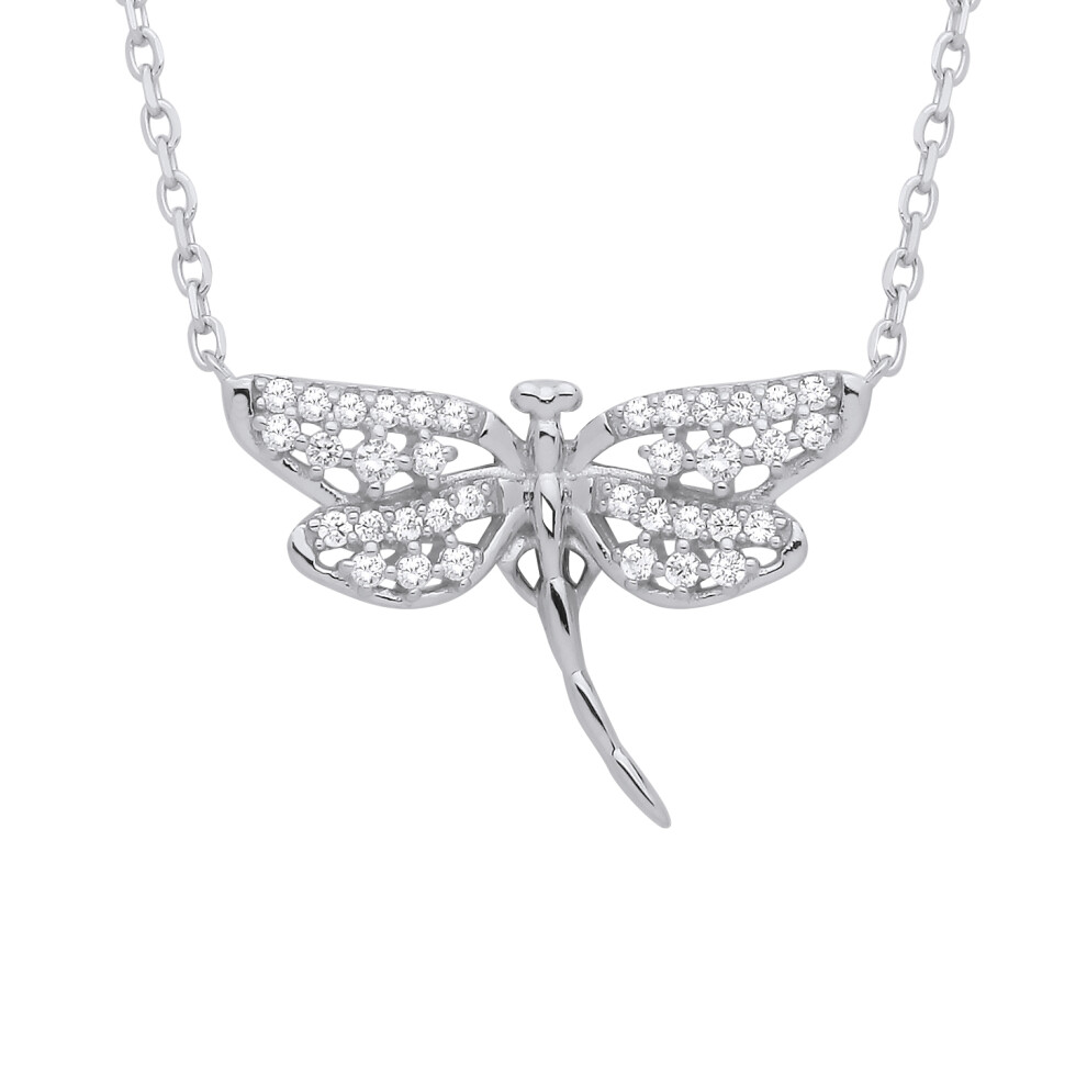 Jewelco London Ladies Rhodium Plated Sterling Silver CZ Majestic Dragonfly Lavalier Necklace 16 + 2 inch - GVK476