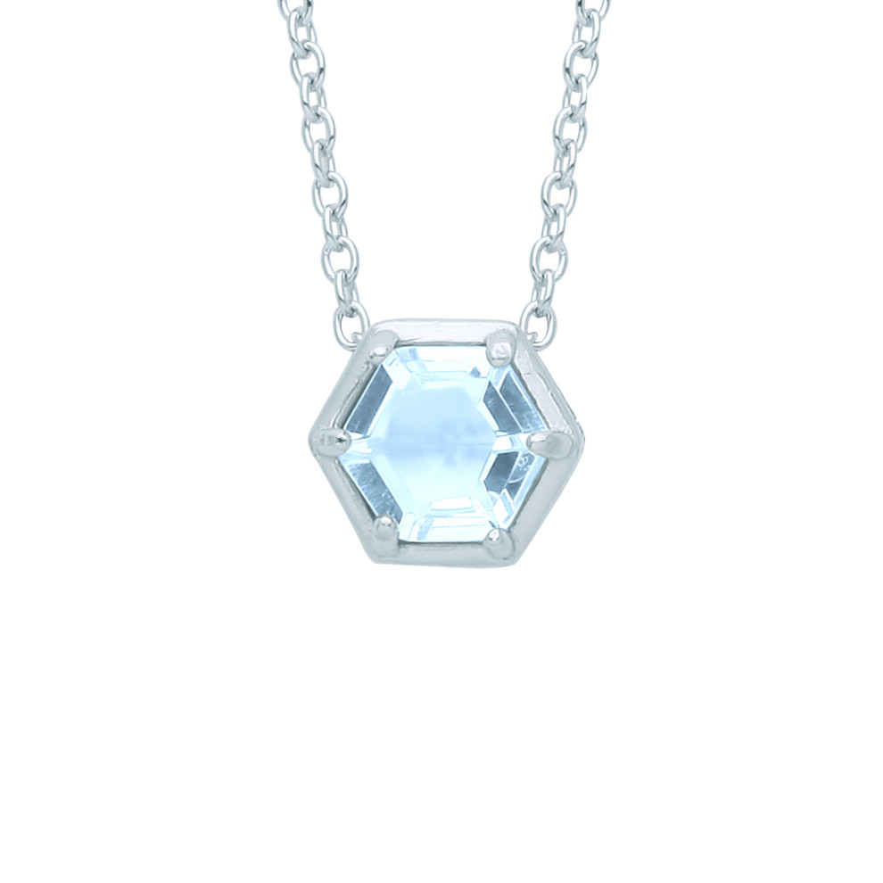 Jewelco London Ladies Sterling Silver Blue Hexagon CZ Hexagon Bezel Solitaire Lavalier Necklace 16 + 2 inch - GVK363BT