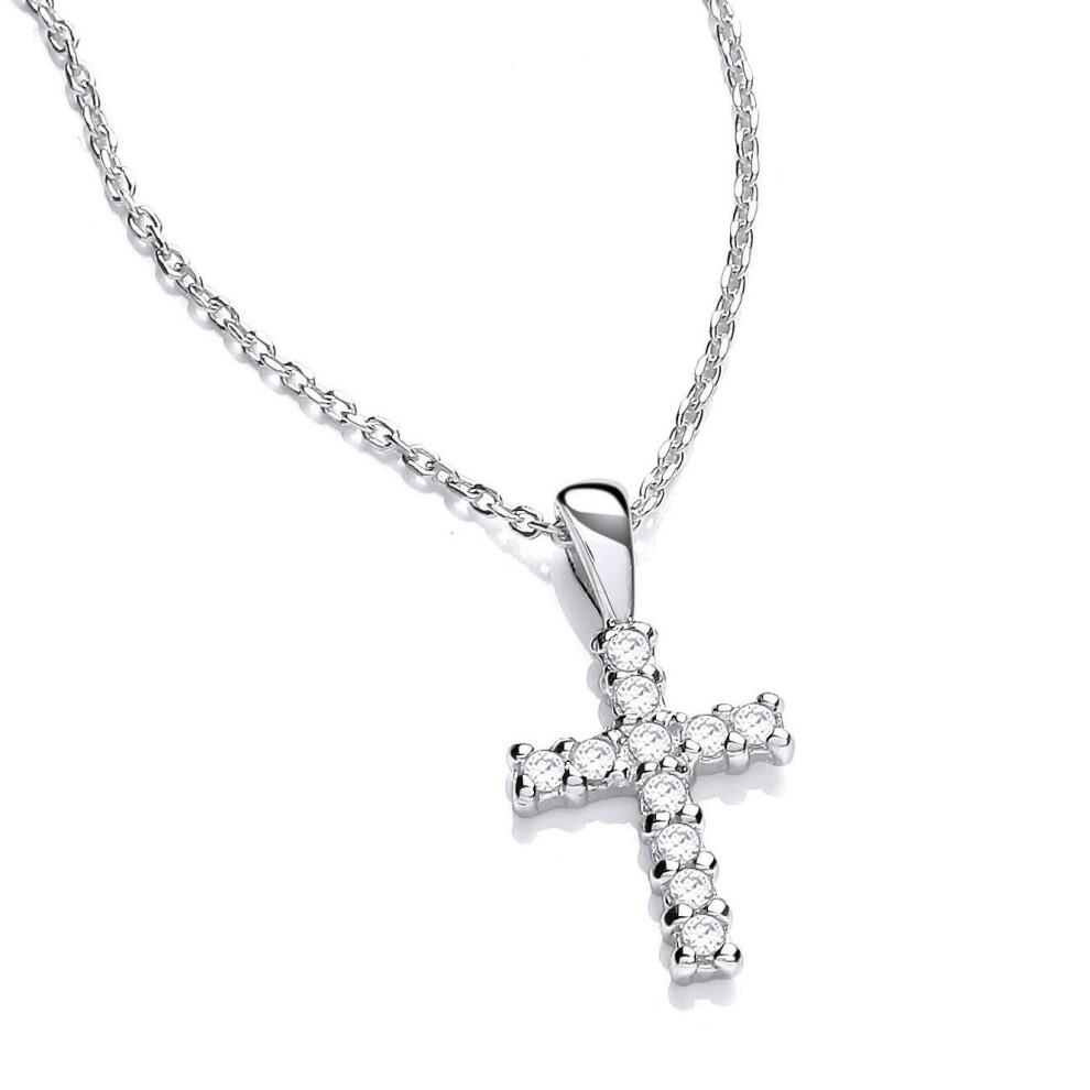 Jewelco London Ladies Rhodium Plated Sterling Silver CZ Eleven Stone Dainty Cross Pendant Necklace 17 inch - GVK455