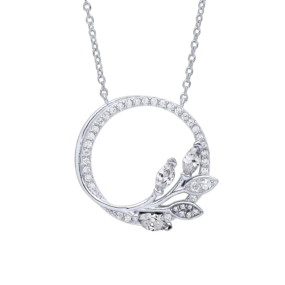Jewelco London Ladies Sterling Silver Marquise CZ Olive Leaf Branch Circle of Life Lavalier Necklace 16 + 2 inch - GVK357