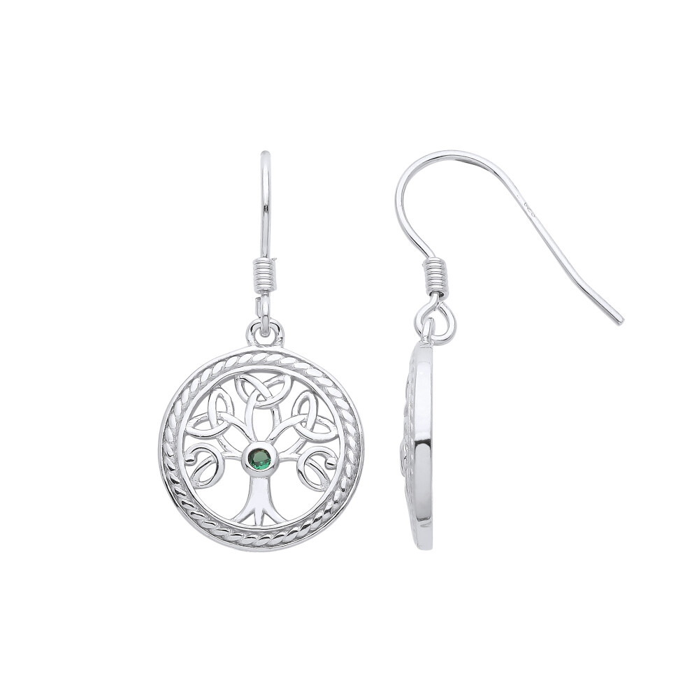 Jewelco London Ladies Rhodium Plated Sterling Silver Green CZ Rope Circle Celtic Tree of Life Solitaire Drop Earrings - GVE962