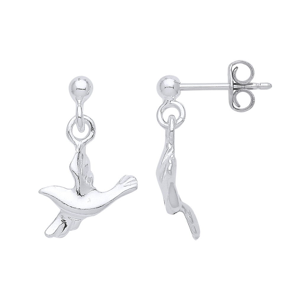 Jewelco London Ladies Rhodium Plated Sterling Silver Dove of Peace Ball Drop Earrings - GVE956