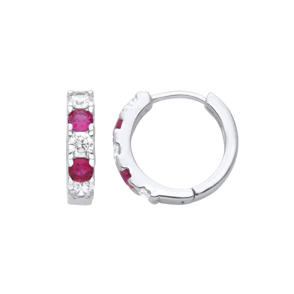Jewelco London Ladies Rhodium Plated Sterling Silver Red CZ Alaternating Eternity Huggie Hoop Earrings - GVE389WR