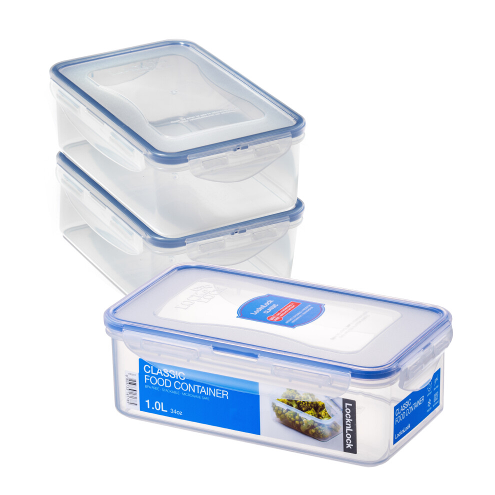 LocknLock Rectangular Food Containers with Airtight Lockable Lids 1L - Pack of 3