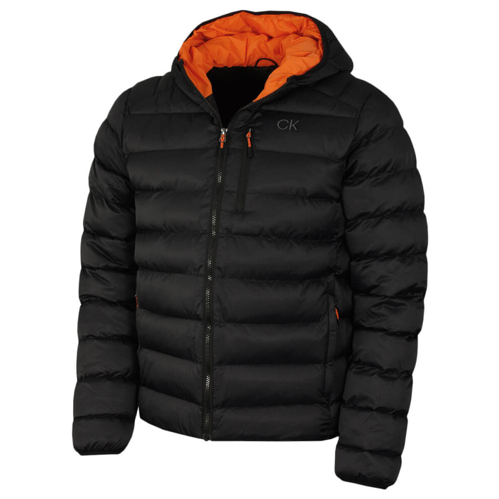 (L, Black/Orange) Calvin Klein Mens San Gabriel Woven Jacquard Padded Jacket