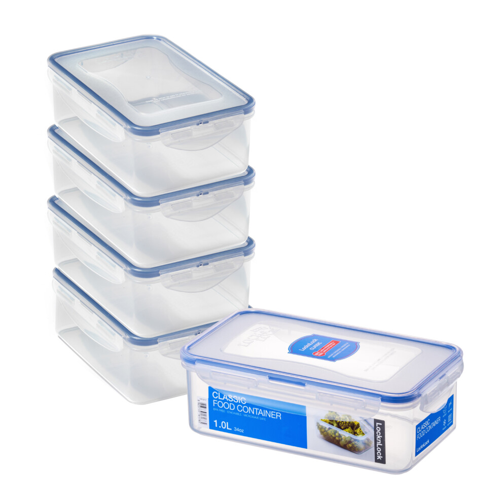 LocknLock Rectangular Food Containers with Airtight Lockable Lids 1L - Pack of 5