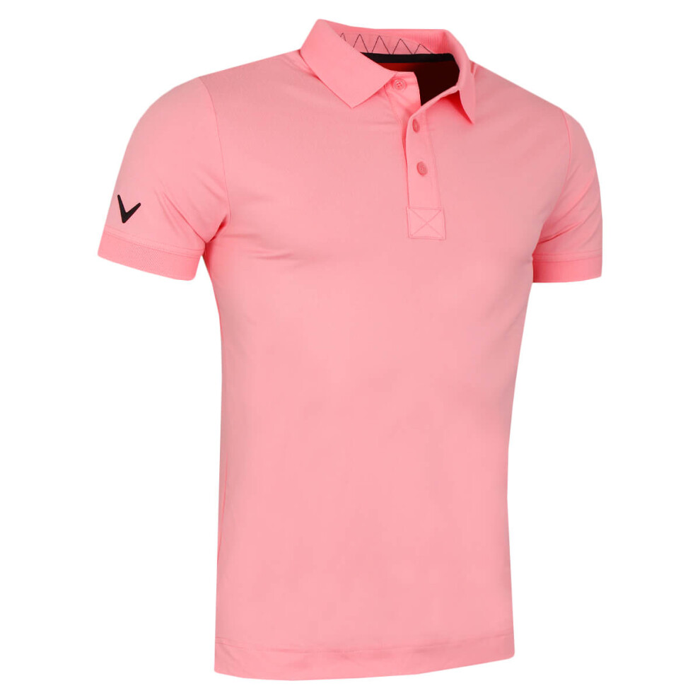 (S, Geranium Pink) Callaway Golf Mens Solid Ribbed Wicking Stretch Golf Polo Shirt