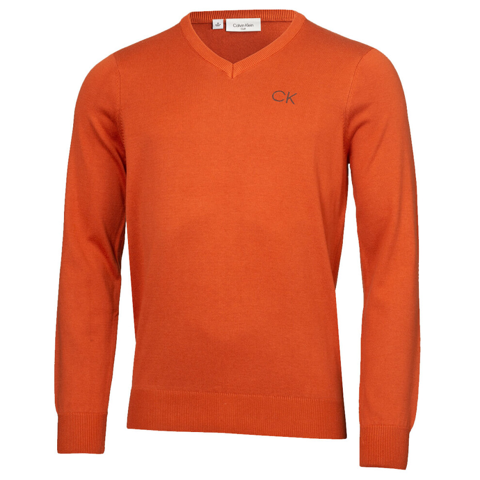 (L, Orange) Calvin Klein Mens V-Neck Tour Durable Comfort Golf Sweater