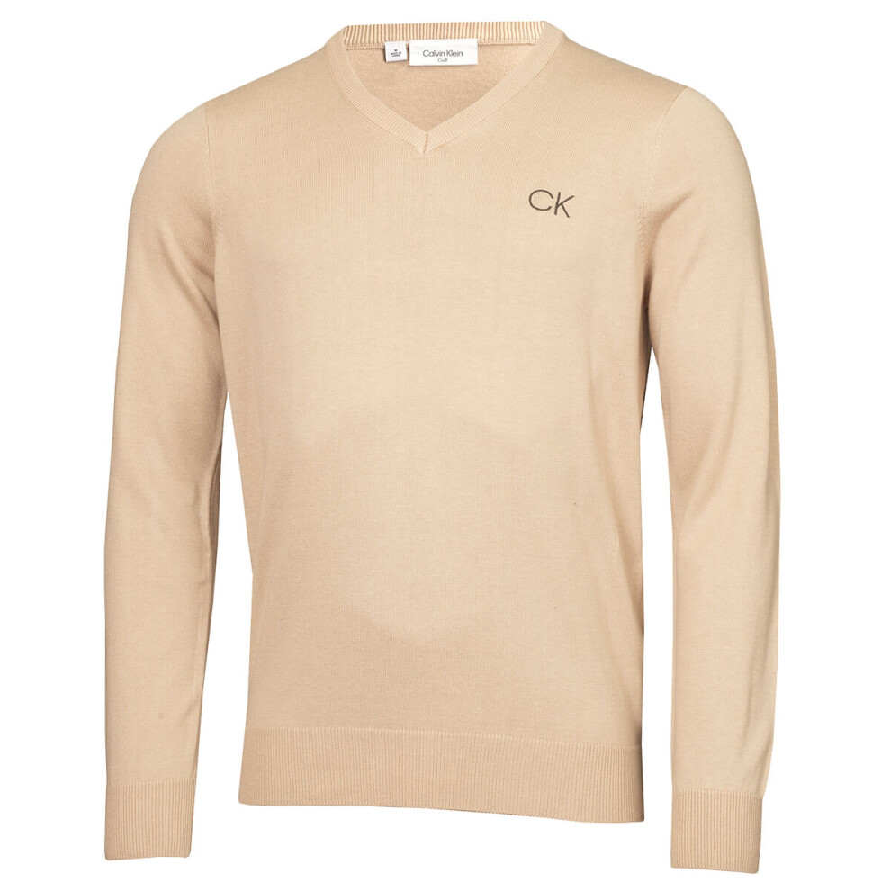 (S, Latte) Calvin Klein Mens V-Neck Tour Durable Comfort Golf Sweater