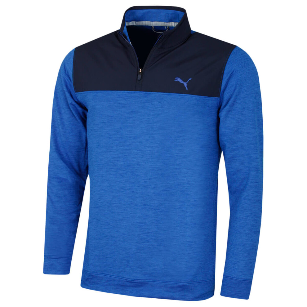 (XXL, Navy Blazer/Future Blue Heather) Puma Golf Mens Cloudspun Colour Block Moisture Wicking Quarter Zip Sweater