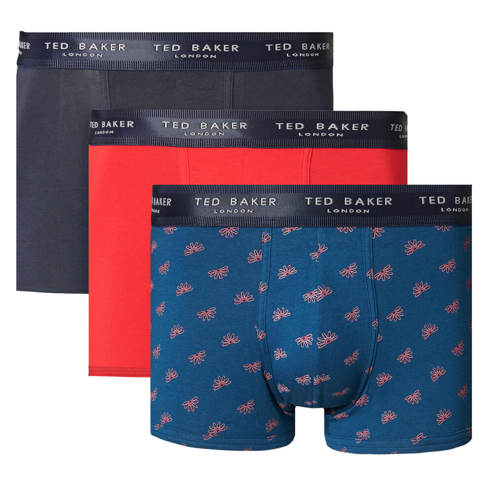 (S, Navy/Lychee/Gibraltar Sea) Ted Baker Mens 3 Pack Patterned Comfort Cotton Stretch Boxer Briefs