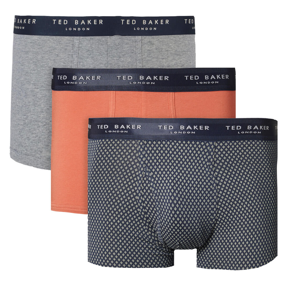 (S, Grey Heather/Hot Sauce/Navy Holwood) Ted Baker Mens 3 Pack Patterned Comfort Cotton Stretch Boxer Briefs