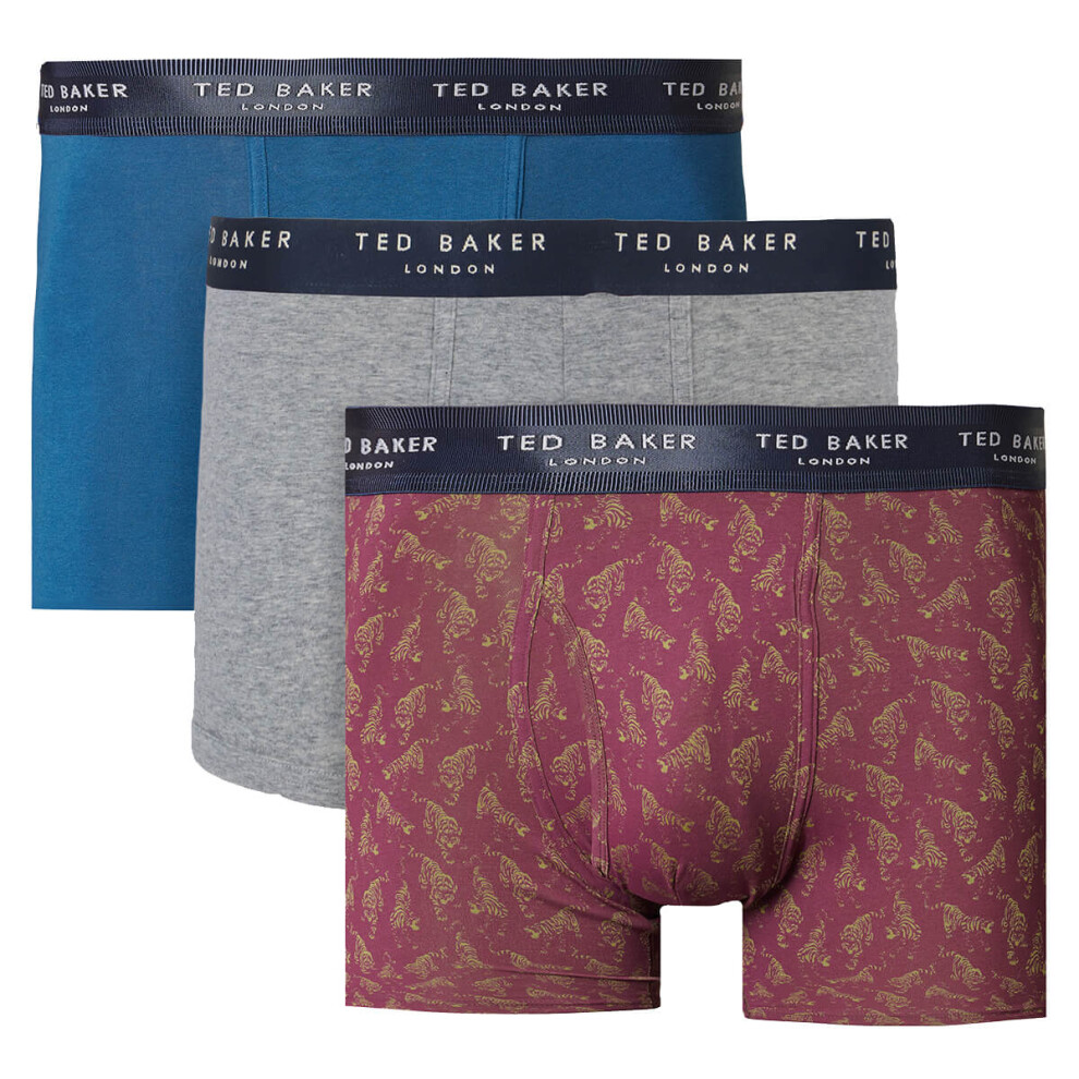 (S, Gibraltar Sea/Heather Grey/Potent Purple) Ted Baker Mens 3 Pack Patterned Comfort Cotton Stretch Boxer Briefs