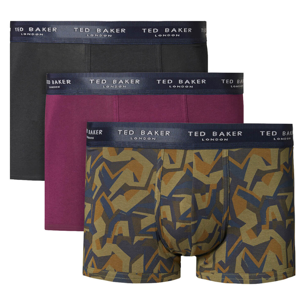 (S, Black/Potent Purple/Capulet Olive) Ted Baker Mens 3 Pack Patterned Comfort Cotton Stretch Boxer Briefs