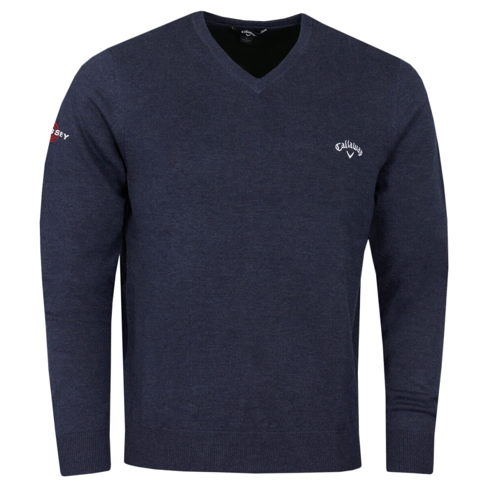 (M, Navy Heather) Callaway Golf Mens 2021 Odyssey Long Sleeve V-Neck 12 Gauge Embroidered Sweater