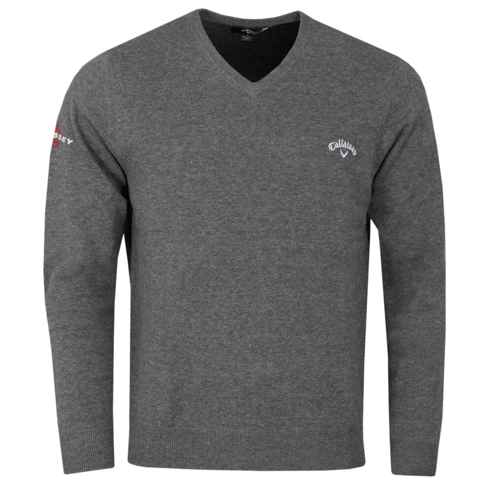 (M, Charcoal Heather) Callaway Golf Mens 2021 Odyssey Long Sleeve V-Neck 12 Gauge Embroidered Sweater