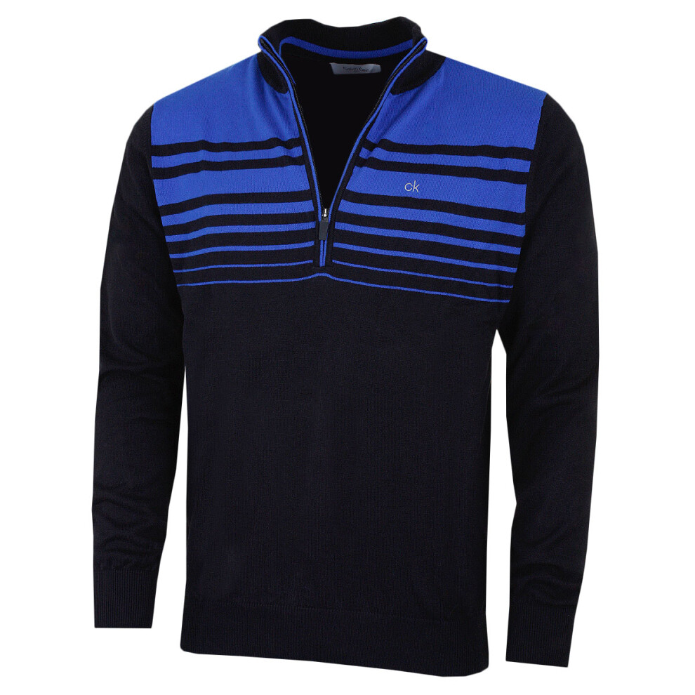 (L, Blk/Roy) Calvin Klein Mens 2022 Rapid 1/2 Zip Durable Striped Soft Sweater