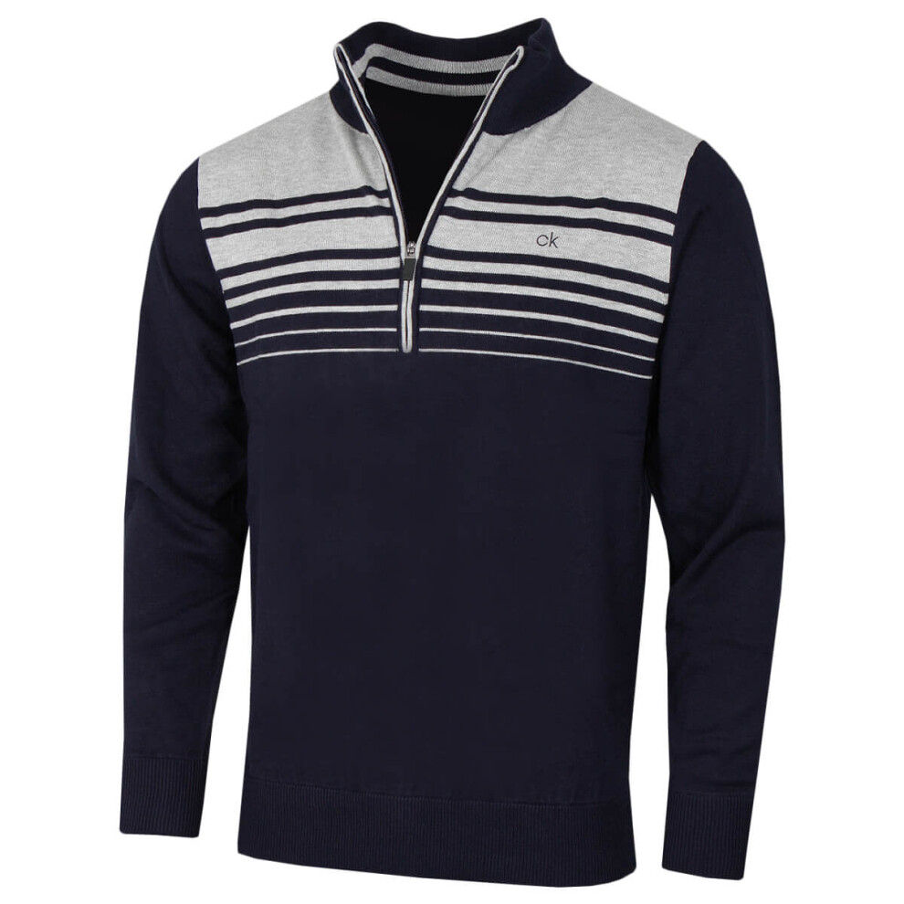 (L, Navy/Silver) Calvin Klein Mens 2022 Rapid 1/2 Zip Durable Striped Soft Sweater