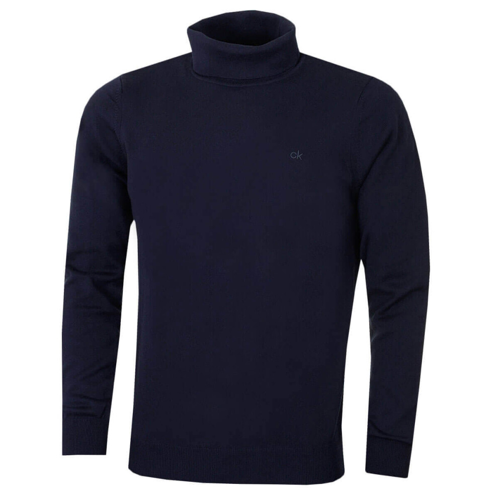 (L, Navy) Calvin Klein Mens 2021 CK Roll Neck Rib Knit Warm Durable Sweater